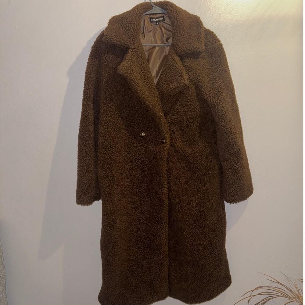Eilly Bazar Double Button Teddy Midi Coat-Brown-Medium - Picture 3 of 9